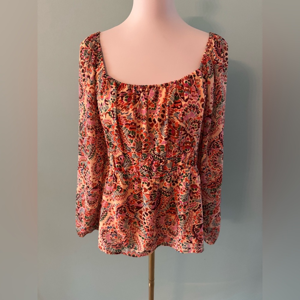 DR2 Orange Red Bishop Sleeve Smocked Blouse Size M